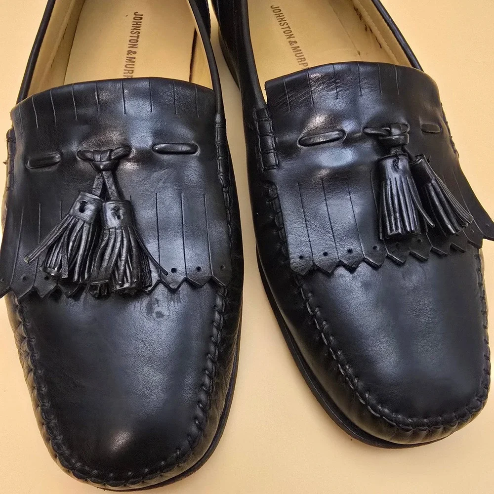 Johnston & Murphy‎ Black Leather Tassel Kiltie Loafers Mens 10W Dress Shoes